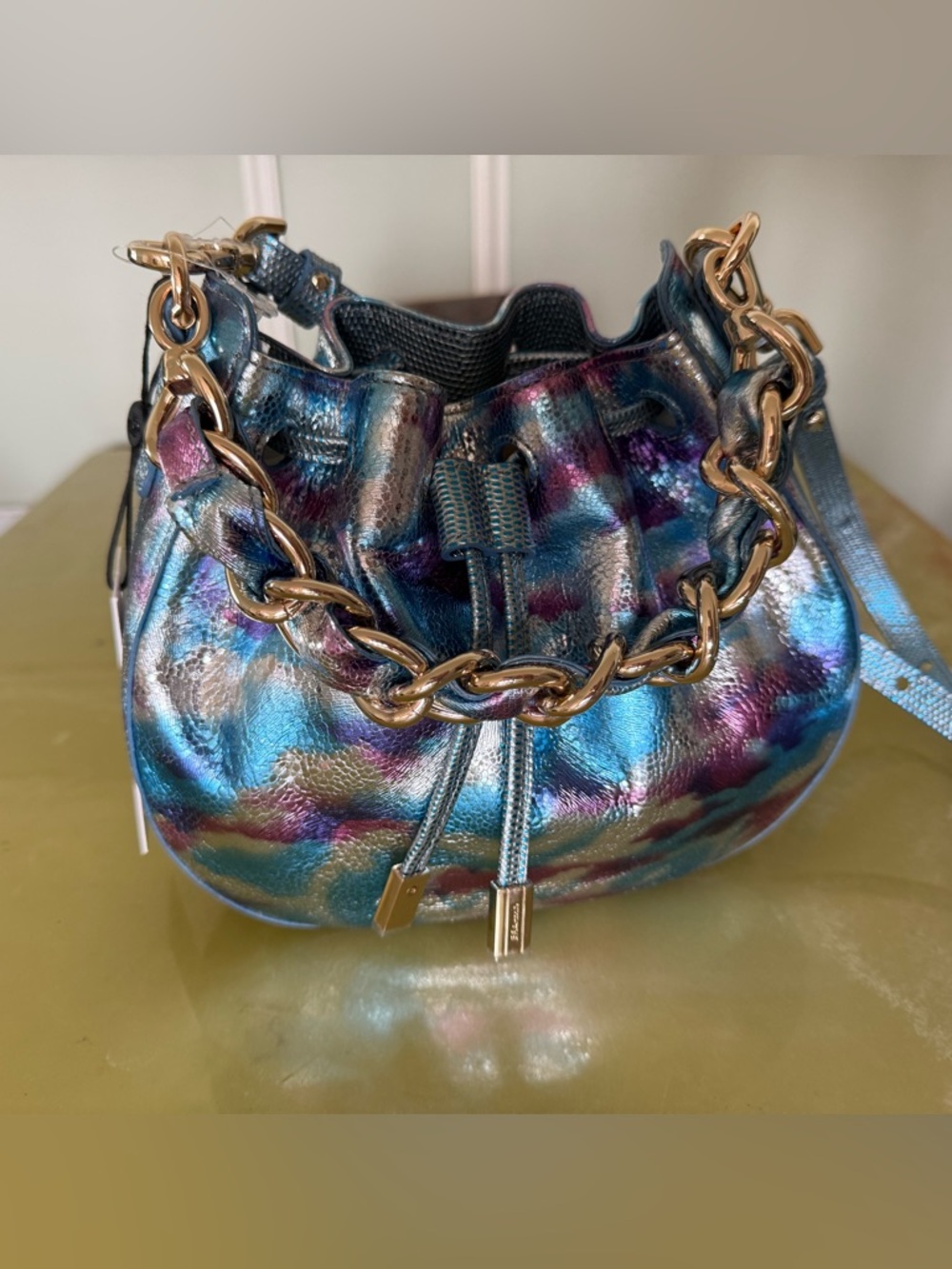 Silver Blue-Pink Drawstring Bucket “Eliana” Brahmin Bag with Chain - Picture 2 of 6